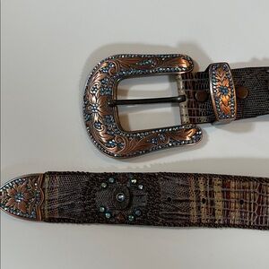 Kippys Belt with Turquoise Crystals Copper Buckle Brown Faux Snakeskin 39.5”
